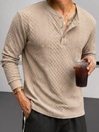 1 Men's Fashion Casual Long-Sleeve Thick Knit Sweater | High-End Solid Jacquard Soft Fabric | Small Stand-Up Collar with Three-Button Design | Essential Casual Streetwear for Outdoor Warmth | Breathable and Warm | for Indoor Gatherings and Outdoor - Khaki