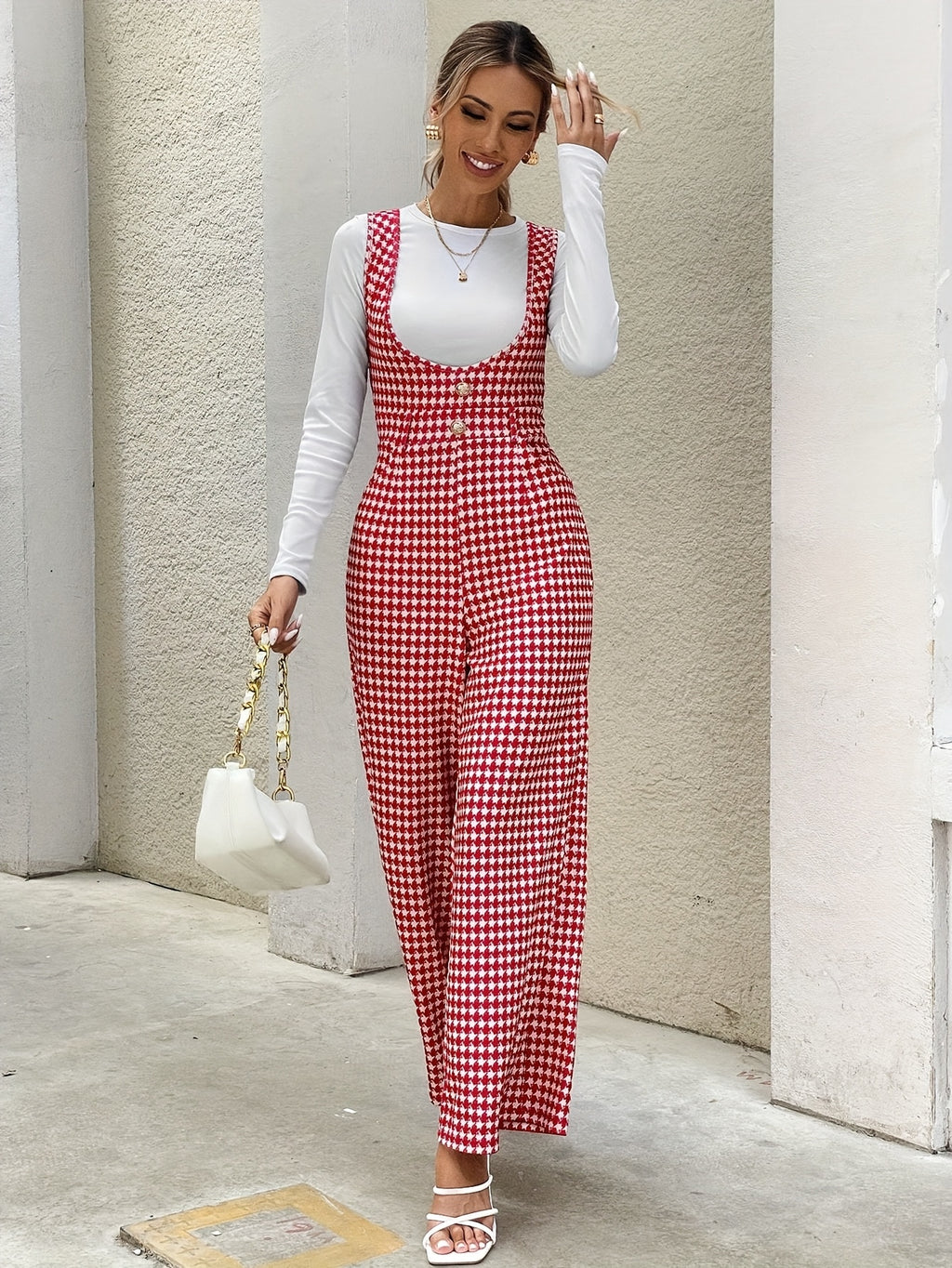 Four Seasons Women'S Vintage Houndstooth Floral Pearl Beading High-Waist Tapered Waist Temperament Wide-Leg Overalls Jumpsuit Trousers Business Commute Casual Vacation Dating Exquisite Elegant Women'S Trousers - Mixed colors
