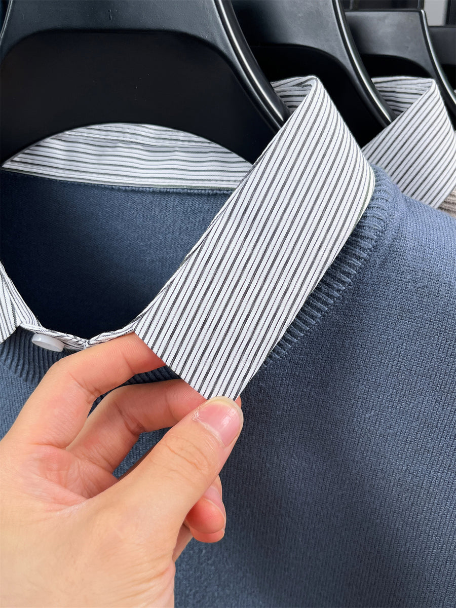 ZBZP Autumn Winter Knit 3D Solid Color Lapel POLO Sweater, Basic Knit Pullover Top for Men, Fashionable Long Sleeve Sweater ZYFSBSS - Blue Grey