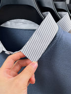 ZBZP Autumn Winter Knit 3D Solid Color Lapel POLO Sweater, Basic Knit Pullover Top for Men, Fashionable Long Sleeve Sweater ZYFSBSS - Blue Grey