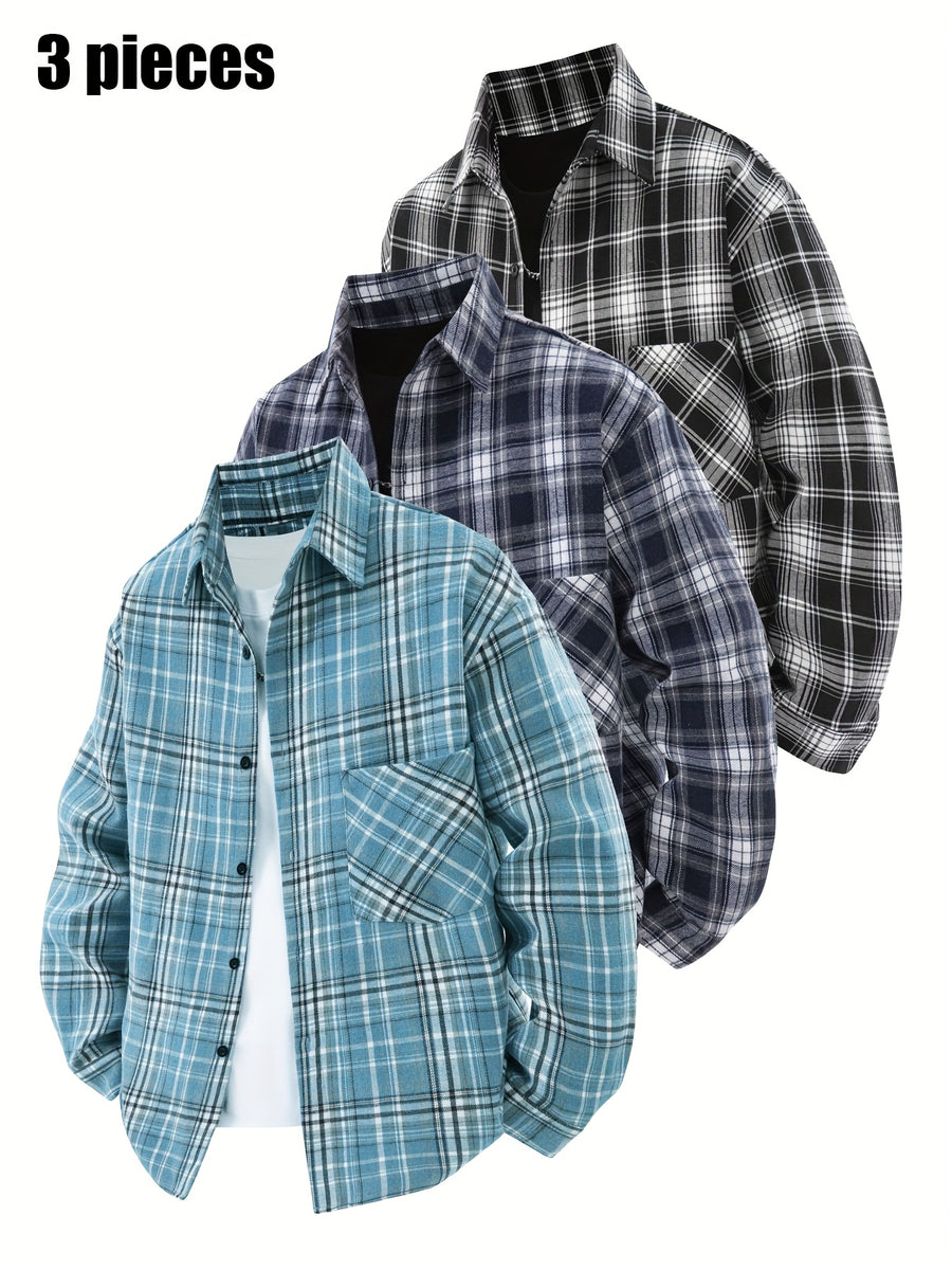 3pcs Set - Men'S Spring/Autumn Lapel Plaid Shirt Youth Outdoor Casual Trendy Top Men'S Fashion Versatile Jacket - Sky blue + dark blue + black