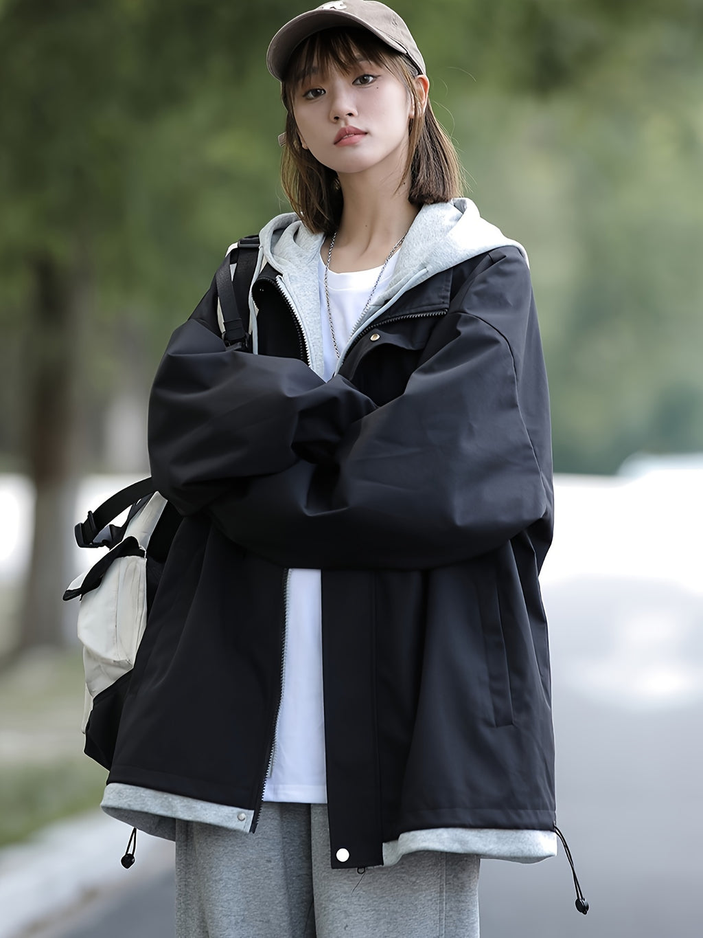 American Style Coat Women'S Trench Hooded Faux Two-Piece Windbreaker Design-Driven Color-Block Casual Loose Jacket - Black+Grey