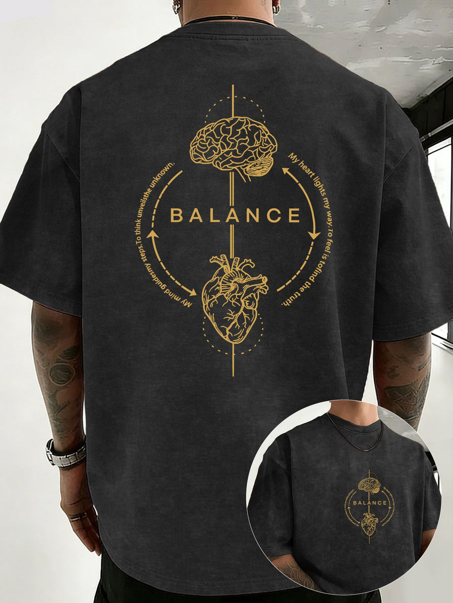 Men's 100% Cotton Washed Distressed Crew Neck Short-Sleeve T-Shirt, Balance Brain Heart Graphic Double-Sided Print, Trendy Loose Casual Tee Tops, 12 Colors Available - Black