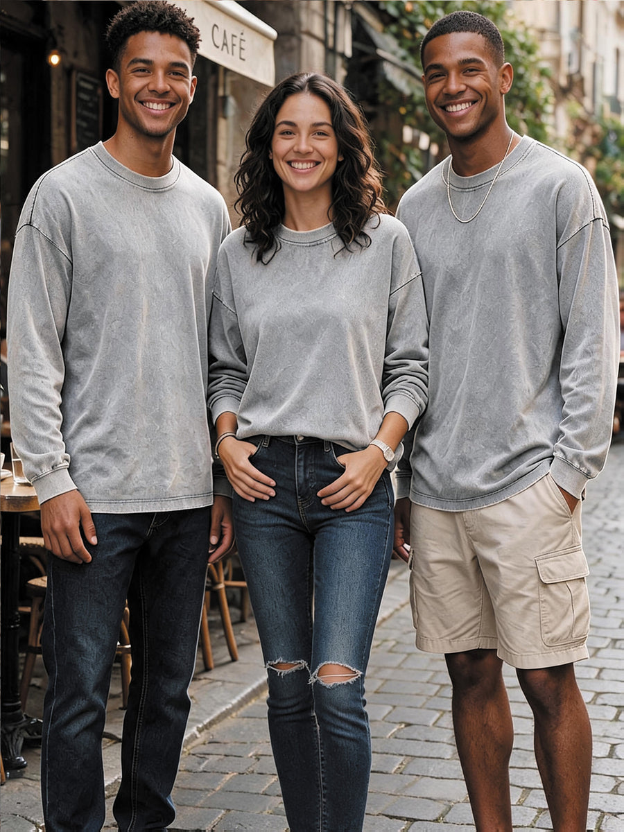 American Retro 3pcs Set Washed Distressed Pure Long Sleeve T-Shirt Loose Casual Unisex Round Neck Base Layer Spring Autumn Couple All-Match Multi-Color Long Sleeve Top - Grey
