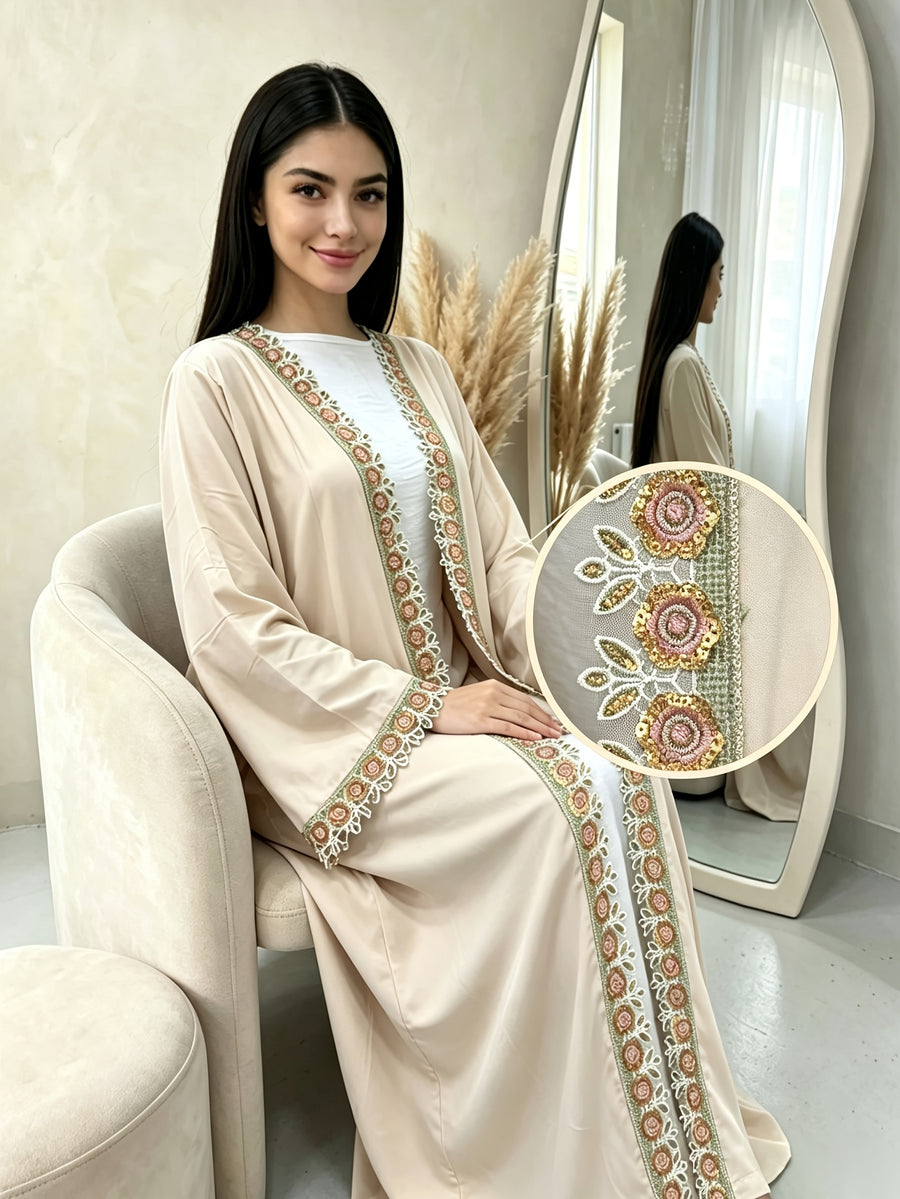 1pc Muslim Women'S Embroidered Open Front Abaya Cardigan, Elegant Long Sleeve Loose Fit Modest Kimono Robe with Decorative Trim, Long Outerwear for Ramadan, Eid, Prayer, Daily Wear & Special Occasions - Off-white