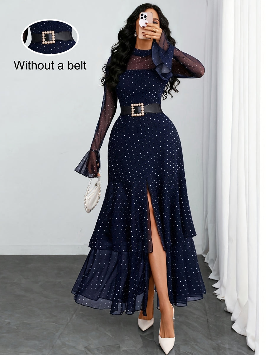 Women'S Romantic Sexy Elegant Modern Polka Dot Printed Stand Collar, Waist Double Slit Multi-Layered Skirt Dress, Suitable for Dates, Vacations, And Casual Wear, Belt Not Included - Navy Color