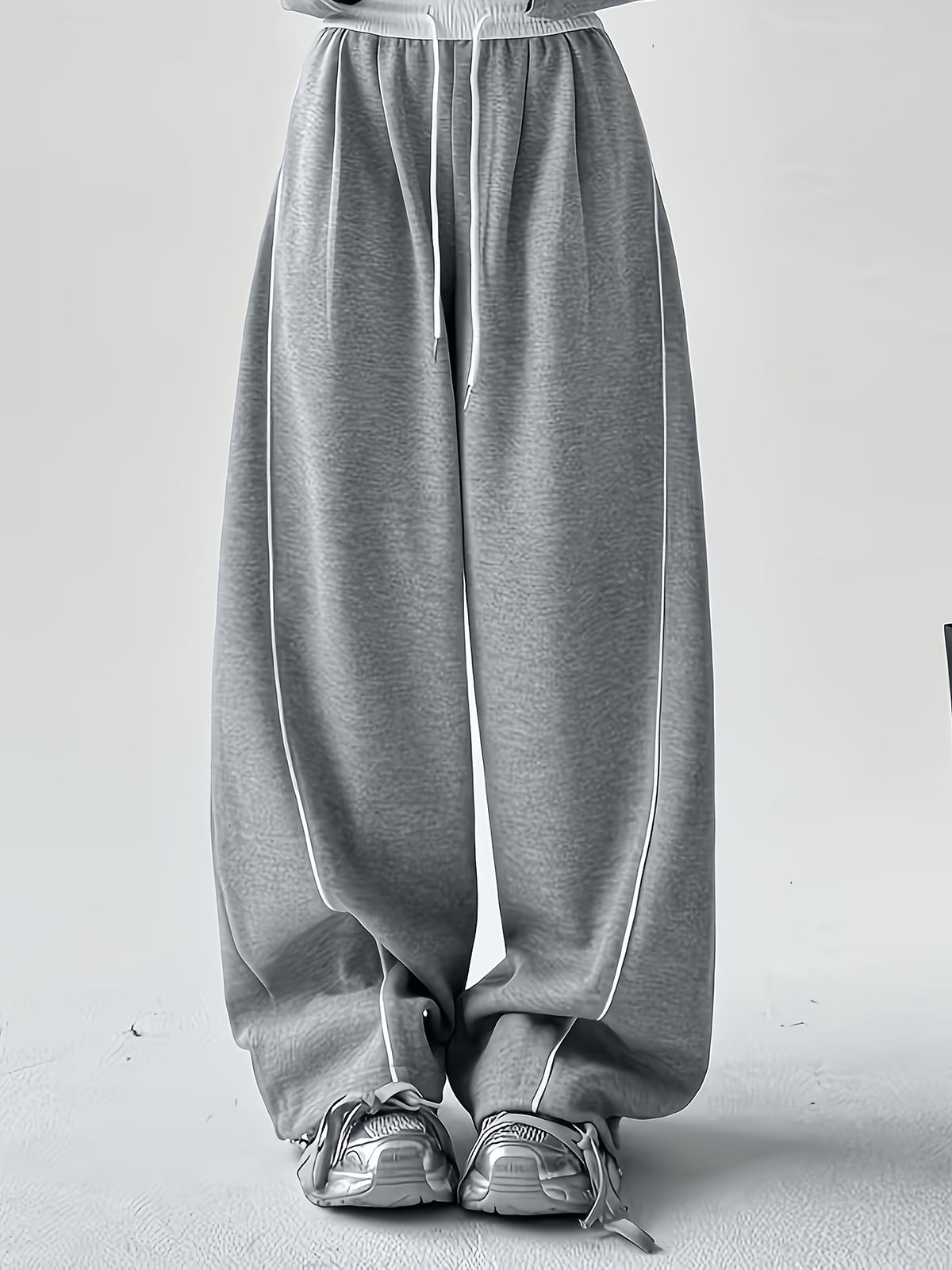 Wide Leg Sweatpants with Contrast White Elastic Waistband, White Side Piping Stripes, Convertible Adjustable Hem Cuff Two Ways Wearing Pants, Four Seasons Breathable Casual Athletic Joggers for Yoga Daily Street Outfits - Star Gray