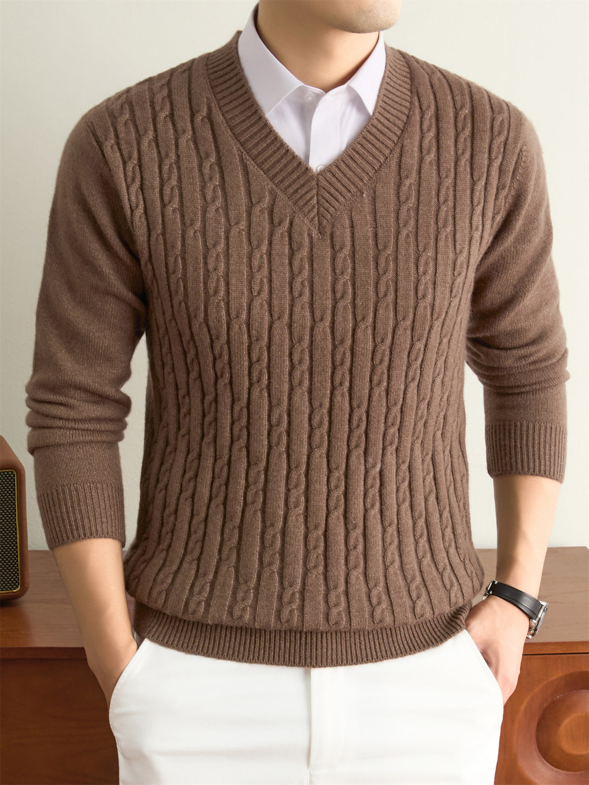 Men's Solid Color V-Neck Sweater - Warm Winter Knit Pullover with V-Neck Collar, Basic Long Sleeve Knitwear Suitable for Fall and Winter, Casual Office Wear, Hand Washable Regular Fit Sweater for Layering - Coffee Color