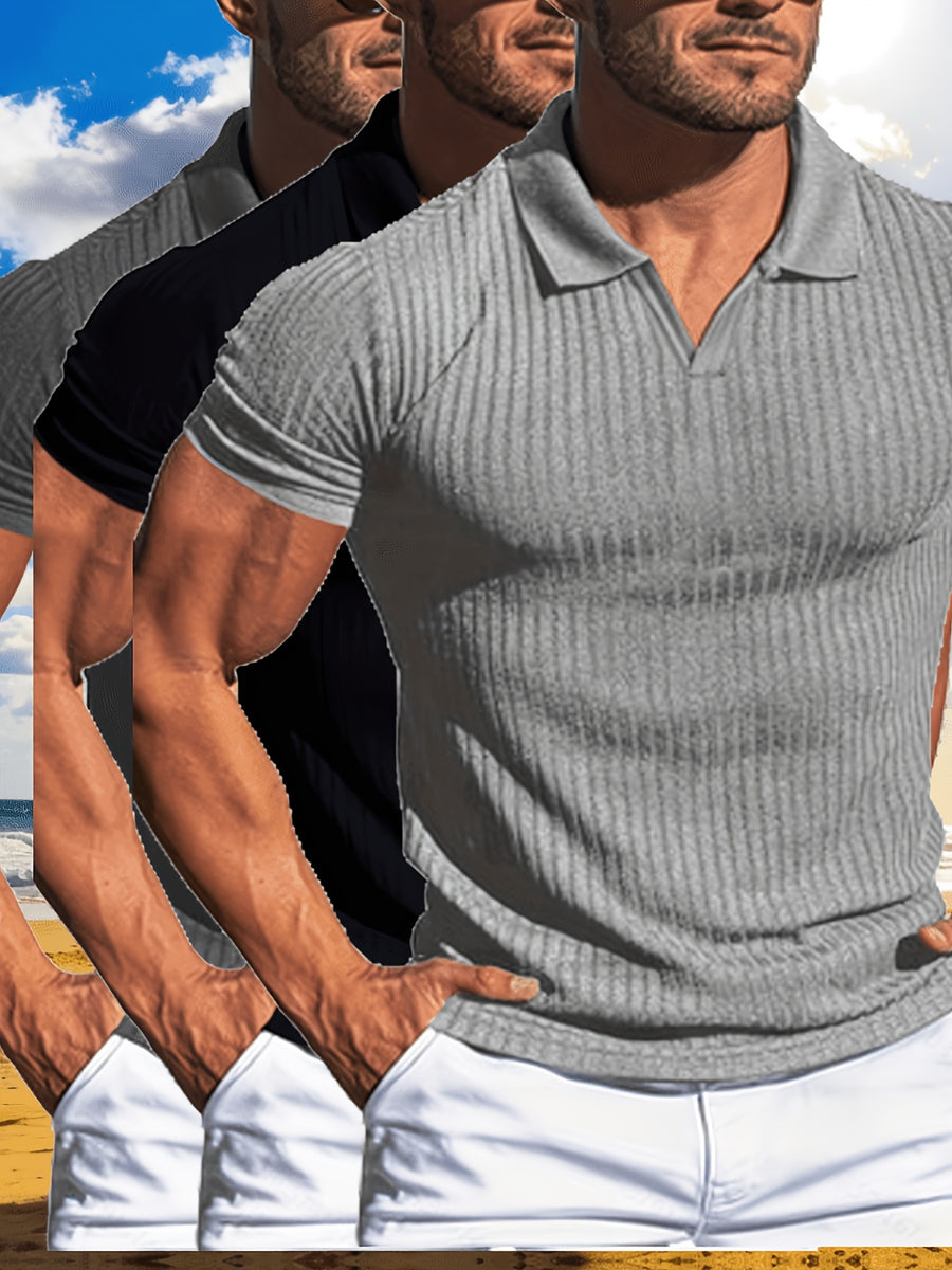 KJ-P6-V Summer Beach Athletic Style Polo Shirt Men'S Vertical Striped Collar Short Sleeve Fitness Casual Versatile T-Shirt 3pcs Set - Light Gray Black Dark Gray