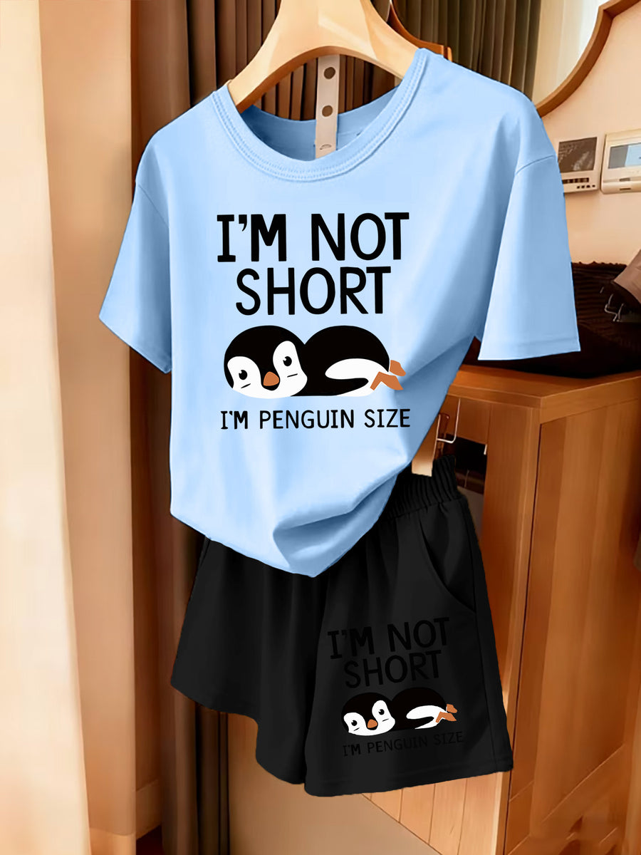 2pcs Women'S Summer Short Sleeve Set - I'M NOT SHORT Fun Penguin Print Short Sleeve And Shorts Outfit, Comfortable, Soft, Breathable Sportswear for Daily Wear, Suitable For, Campus, Valentine'S Day, Women'S Pajamas, Jogging, Fitness - Sky Blue+Black