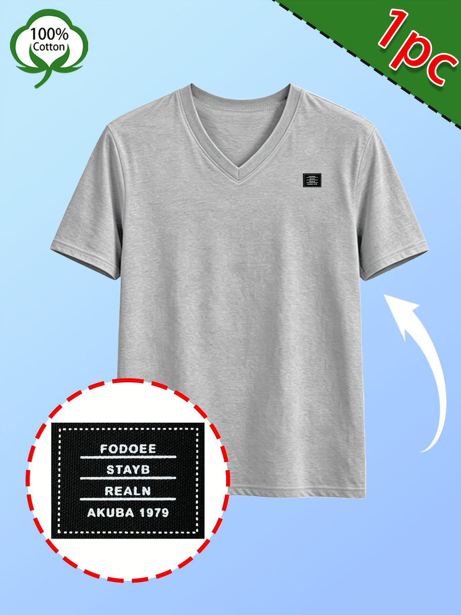 Men's Casual 100% Cotton V-Neck T-Shirt, Summer Sports Short-Sleeve Top, Plain Weave Knit with Distinctive Design, Durable and Pilling-Resistant, Pure Cotton Soft, Breathable, and Refreshing Without Feeling Stuffy, Comfortable, High-Quality - Light Grey