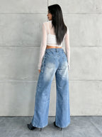 Women'S Casual Straight-Leg Loose Jeans with Pockets, Fashionable Straight-Leg Jeans, Washed Loose Denim, Vintage Casual Style, Wide-Leg High-Waist Suitable for Daily Wear, Comfortable, Suitable for All Seasons - Sky Blue