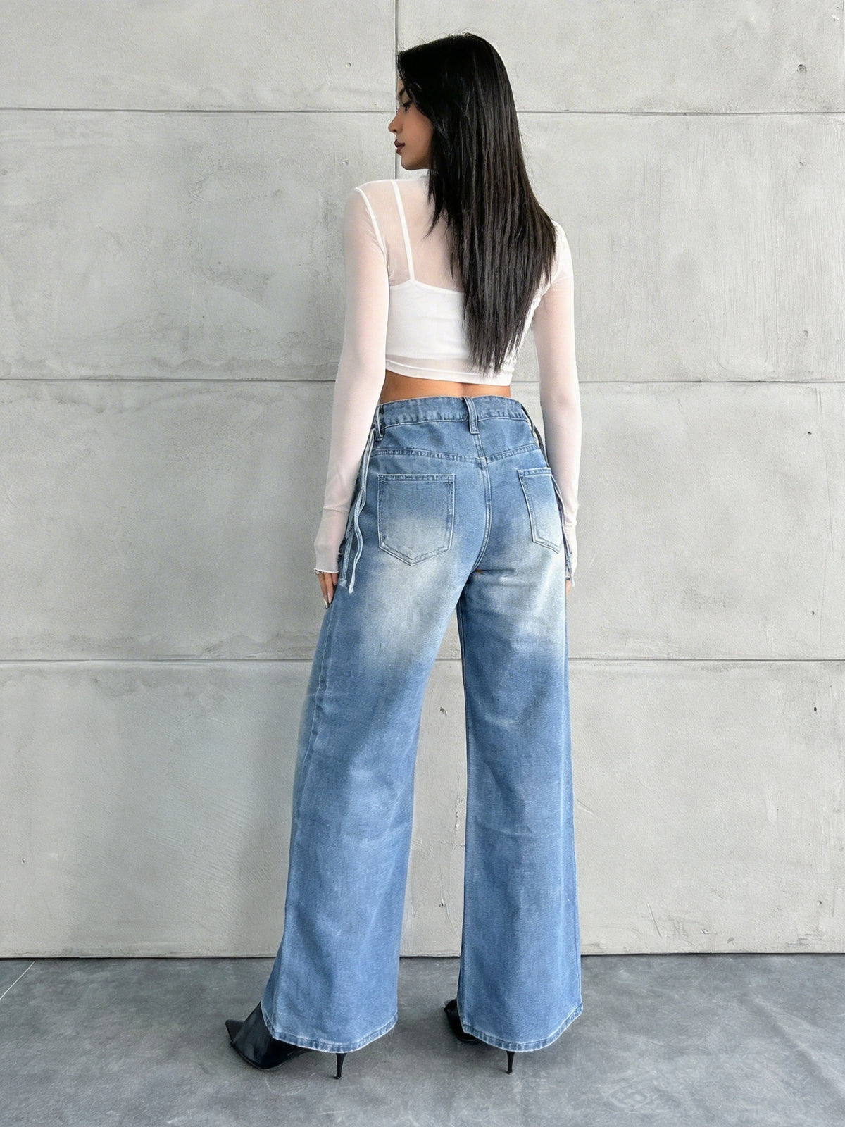 Women'S Casual Straight-Leg Loose Jeans with Pockets, Fashionable Straight-Leg Jeans, Washed Loose Denim, Vintage Casual Style, Wide-Leg High-Waist Suitable for Daily Wear, Comfortable, Suitable for All Seasons - Sky Blue