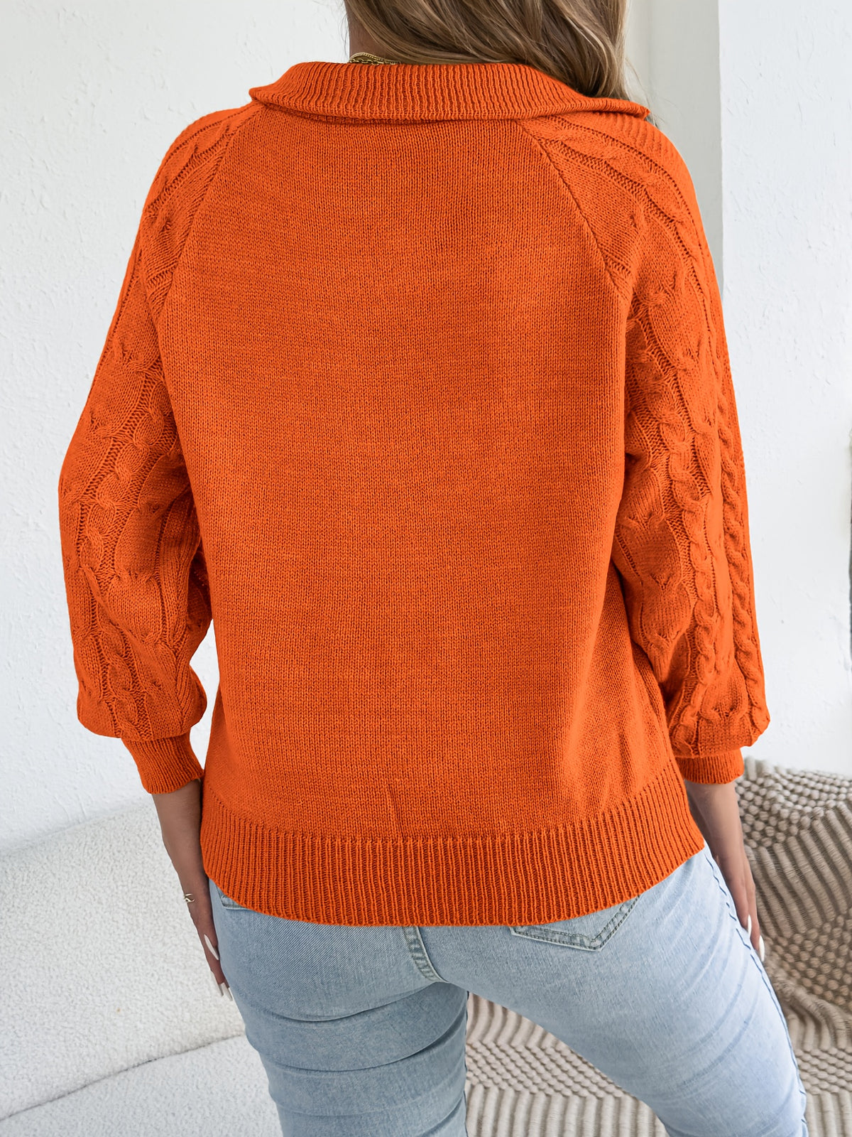 Autumn and Winter Leisure Vacation Pullover Sweater Solid Color Zipper Lapel Women's Sweater - Orange