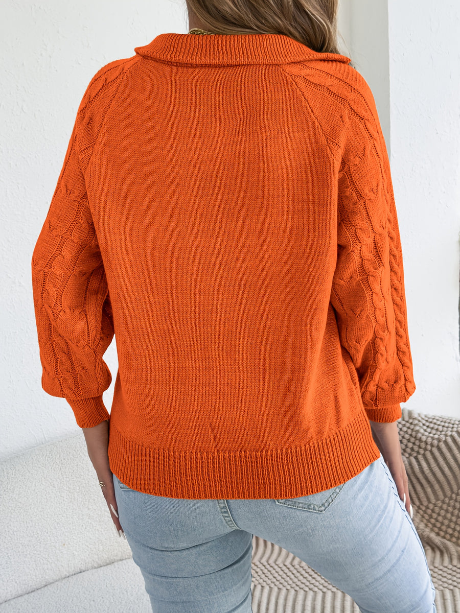 Autumn and Winter Leisure Vacation Pullover Sweater Solid Color Zipper Lapel Women's Sweater - Orange