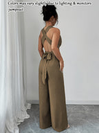 Women'S V-Neck Tie-Waist Wide-Leg Jumpsuit Women'S Jumpsuit Women'S Casual Summer Vacation Dress - Dark Brown