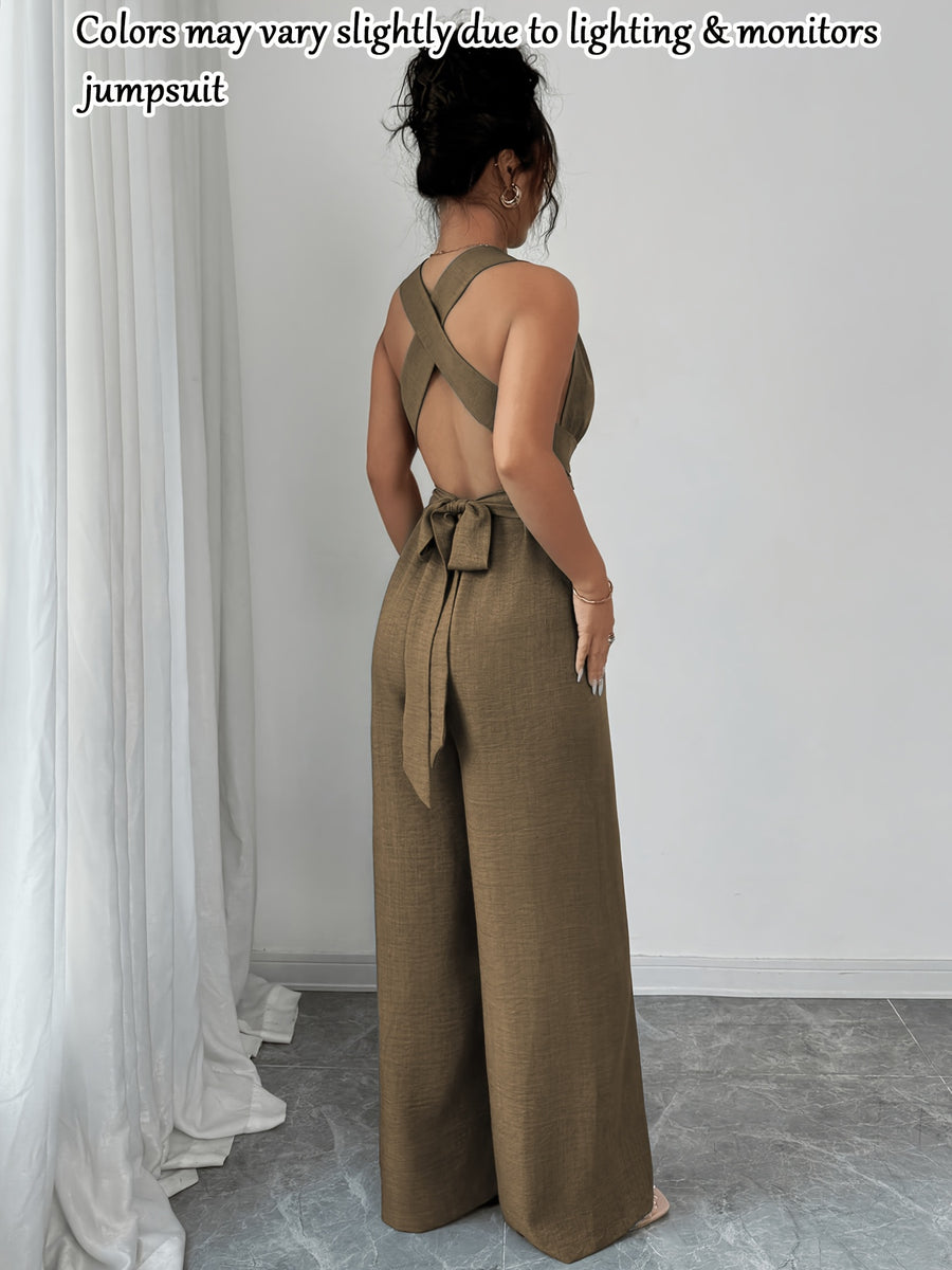 Women'S V-Neck Tie-Waist Wide-Leg Jumpsuit Women'S Jumpsuit Women'S Casual Summer Vacation Dress - Dark Brown