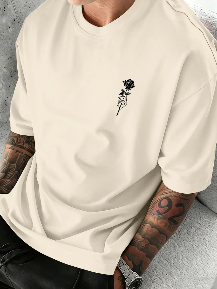 Men's Round-neck Graphic Print Short-sleeve T-shirt, Suitable for Home, Leisure, and Sports - Apricot