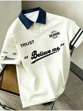Double Stripe Sleeve Polo Shirt, Retro American English Slogan Print Color-Block Lapel Trendy Men'S Casual T-Shirt - Mixed colors