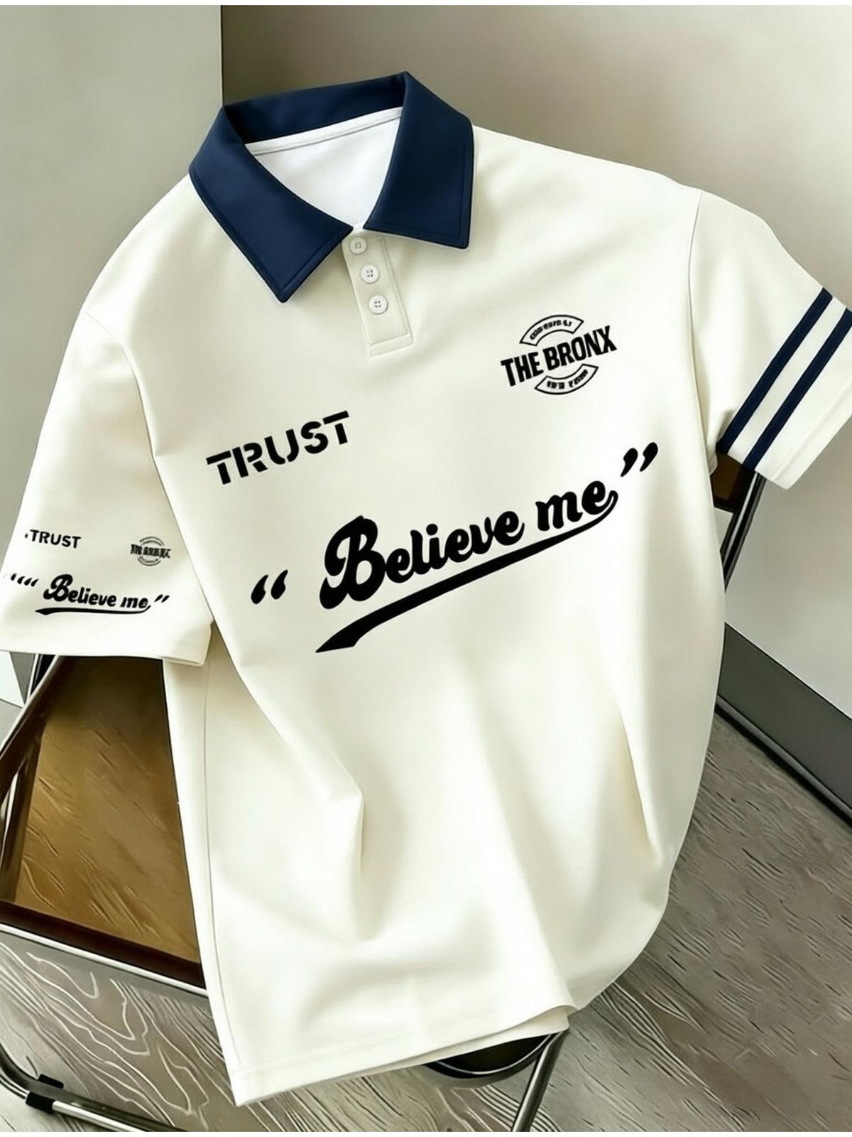 Double Stripe Sleeve Polo Shirt, Retro American English Slogan Print Color-Block Lapel Trendy Men'S Casual T-Shirt - Mixed colors