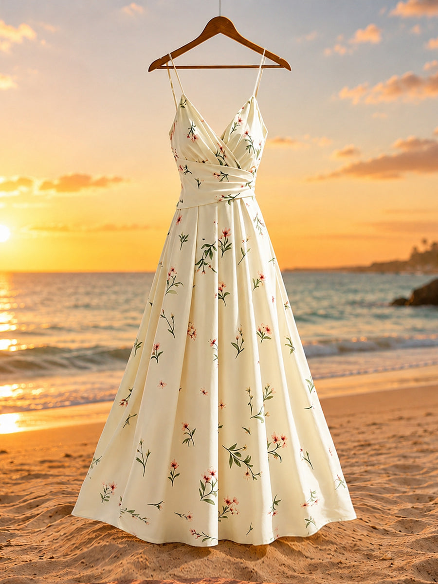 Women's Floral Print Pleated Fashion Date Party Spaghetti Suspender Dress - Multicolor