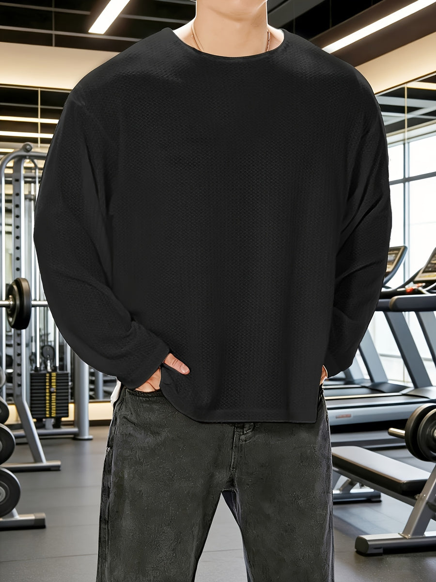 Men's Pullover Crew Neck Loose Fit Long Sleeve T-Shirt, Fitness Training Top, Knitted Fashionable Casual Basic Shirt, Breathable Pullover - Black