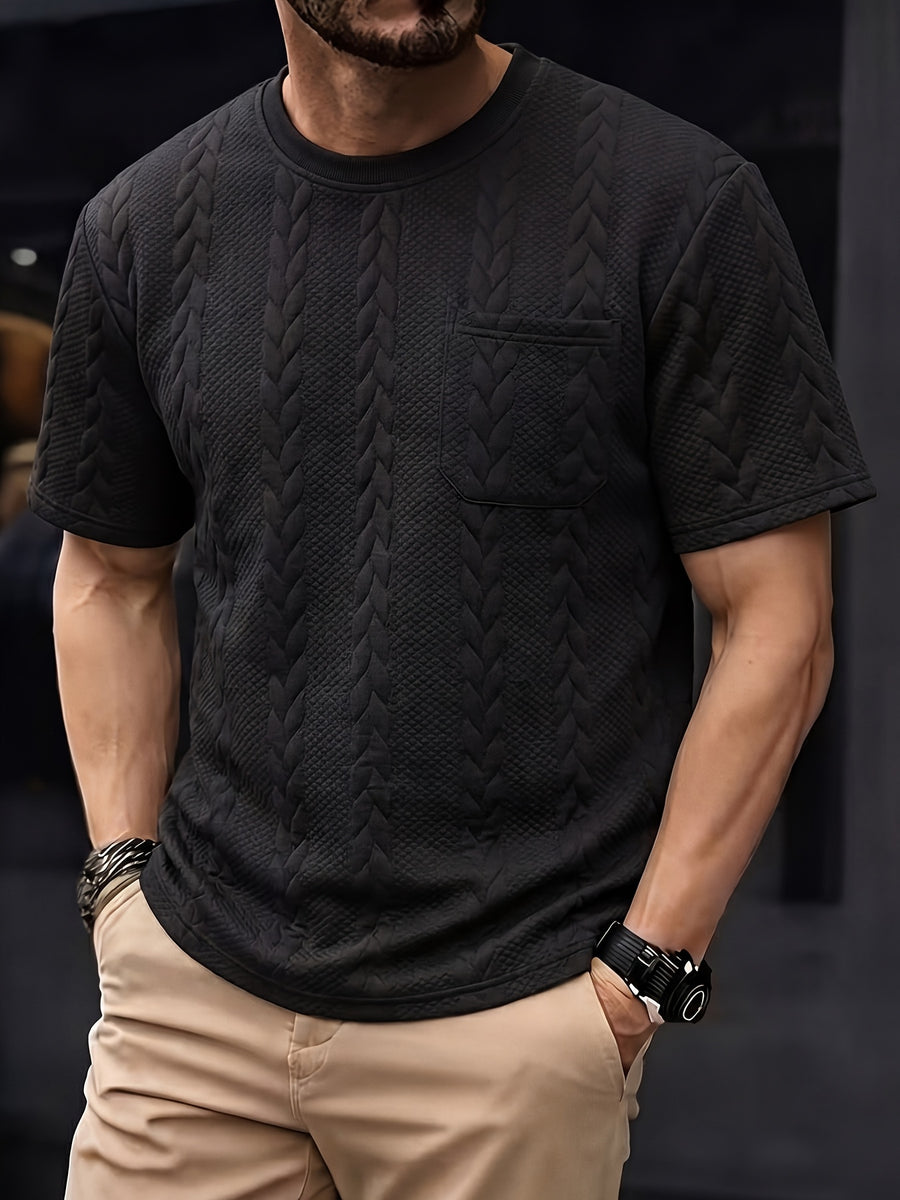 Summer Men'S Jacquard Brocade Short Sleeve T-Shirt, Solid Color Round Neck with Pocket, Loose Fit Casual Versatile Plain T-Shirt - Black