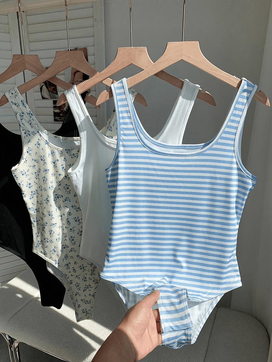 4pcs Women's Elegant and Stylish Multi-Color Sleeveless Bodysuit Set, Solid Color and Printed Styles, 4pcs Combination of Bodycon Bodysuits - Black + White Bottom Blue Flower + White + Blue And White Stripes