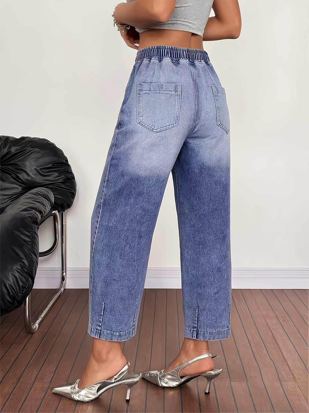 26AW Vintage Snowflake Washed Nostalgic Faded Gradient Drawstring Denim Dad Pants for Women, Loose Fit, Comfortable, Flattering on All Body Types, Long Pants - Medium Blue