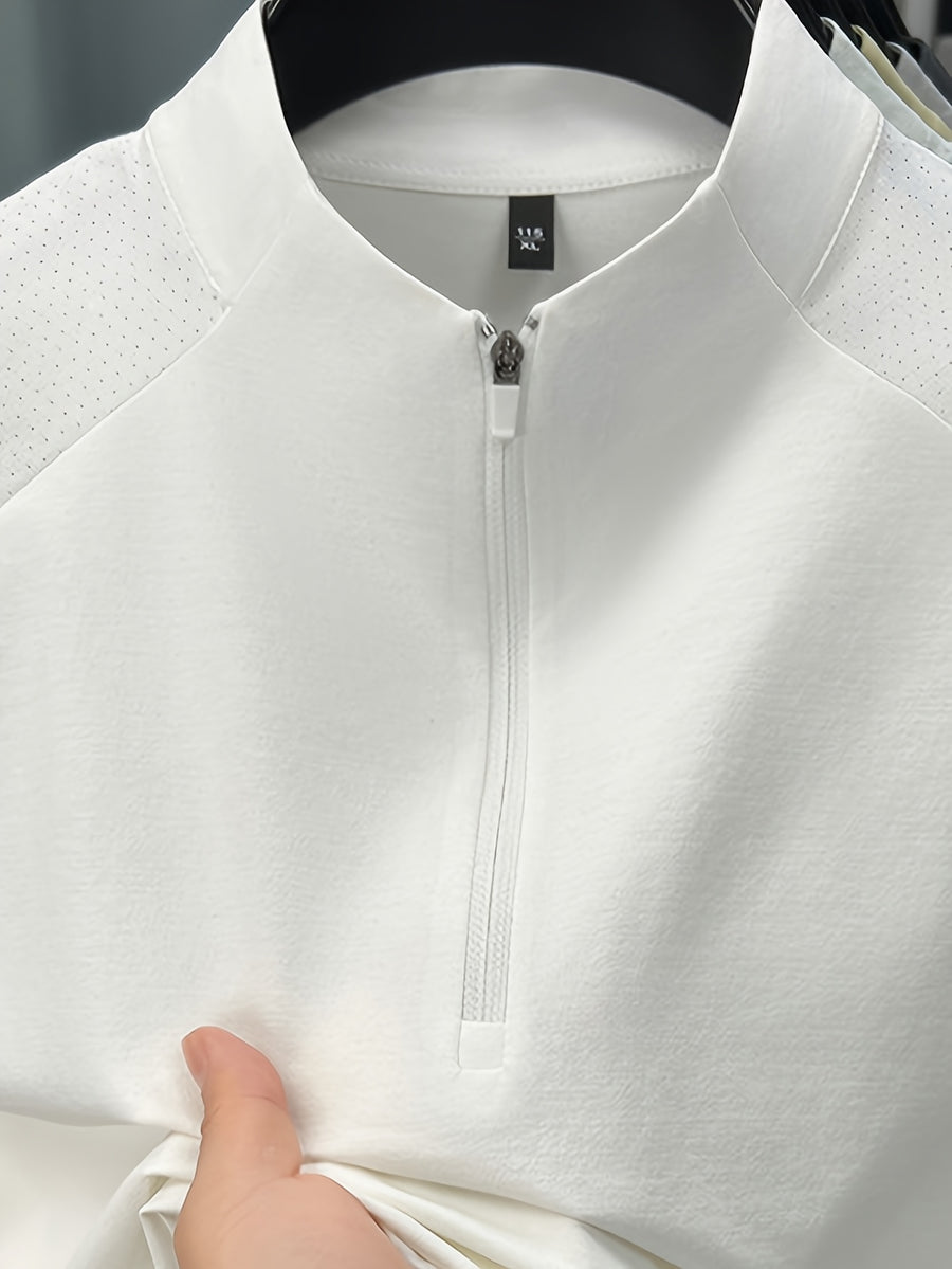 Men'S Summer Top T-Shirt, Half-Zipper Stand-Up Collar Design, Casual And Light Business Style, Adjustable Collar with Zipper, Balancing Ventilation And Styling; Mesh Shoulder Panel for Enhanced Breathability - Pure White