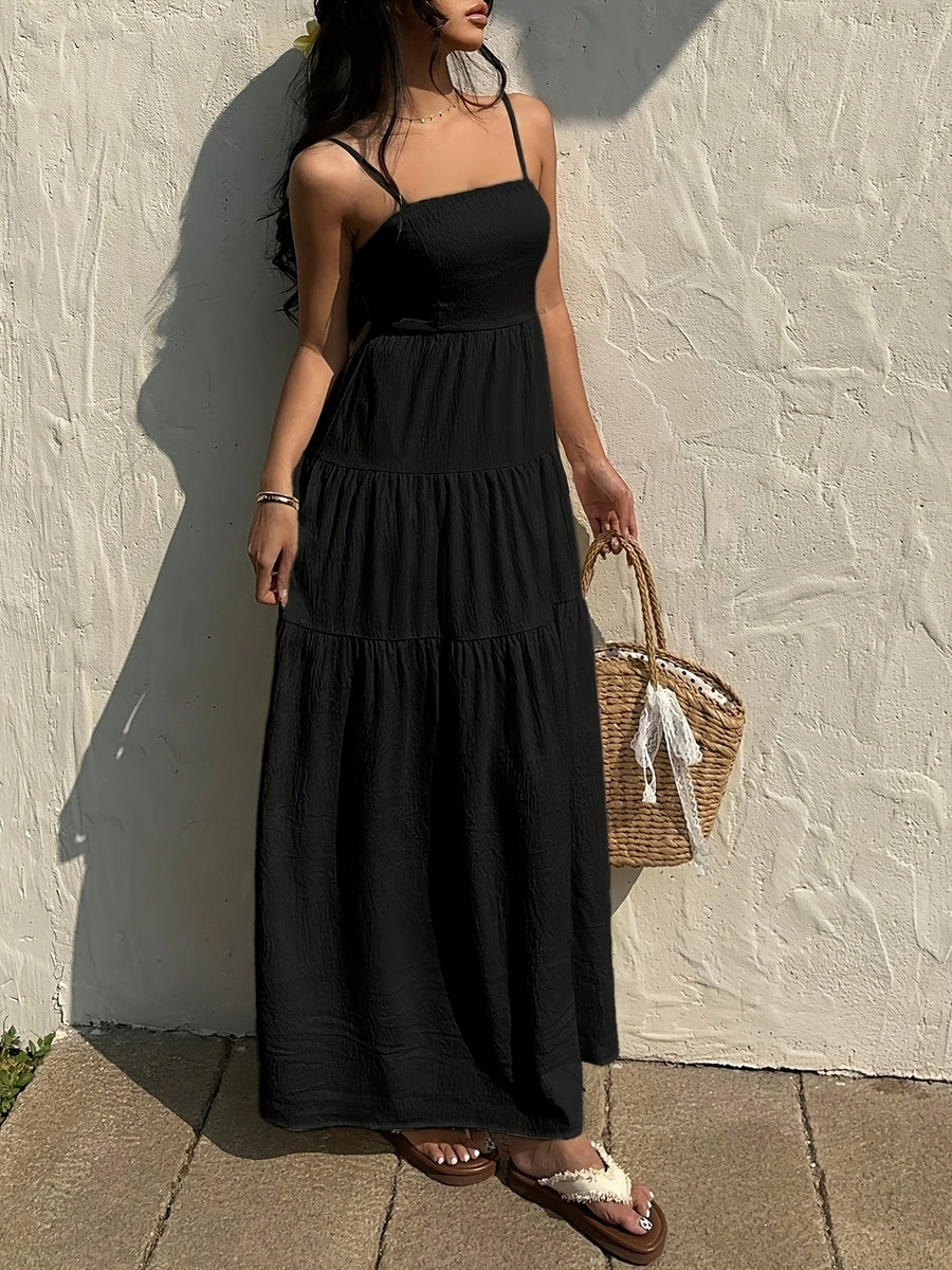 Textured Fabric, Ruched Elastic Waist, Sleeveless Dress, Loose-fitting Effect, Vacation Style - Black