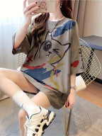 Summer New Fashion Trend Large Size Women'S Slim Loose Medium Long Cartoon Short-Sleeved T-Shirt - K17-H