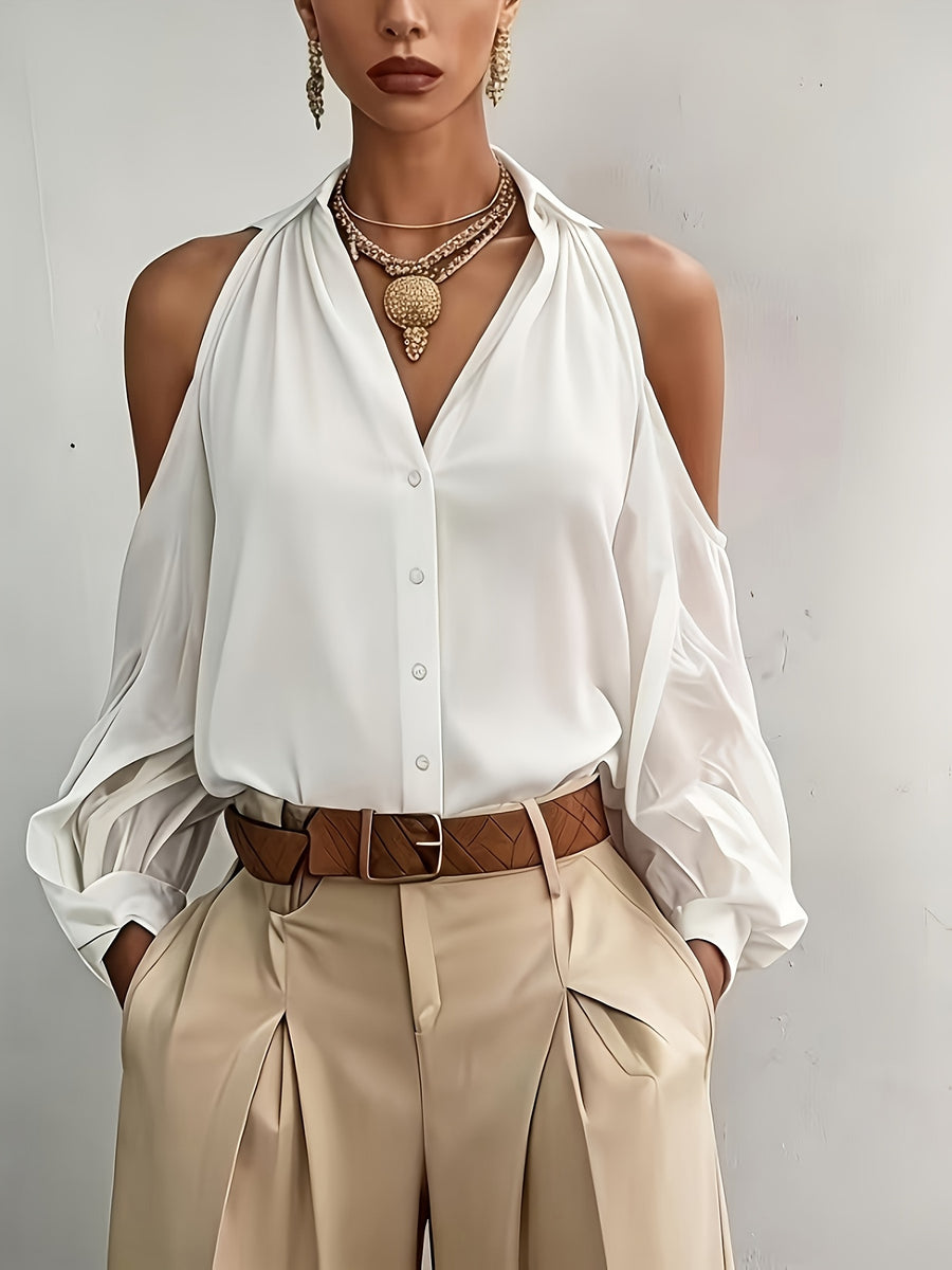 Women's Elegant Top, Summer Off-Shoulder Solid Color Blouse, for Commuting, Dating, and Daily Versatile Wear, with Lapel Collar and Buttons, Solid Color Long Sleeve Shirt ASD1 - White