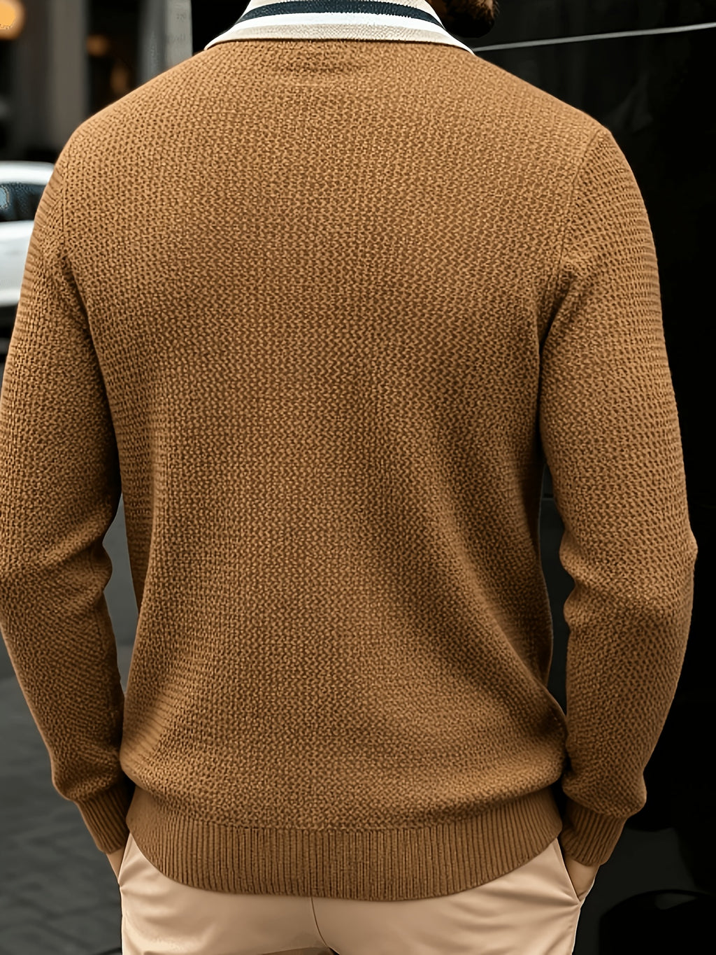 Men'S Contrast Striped Collar Polo Knit Sweater, Textured Casual Pullover for Autumn Winter - Multicolor