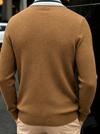 Men'S Contrast Striped Collar Polo Knit Sweater, Textured Casual Pullover for Autumn Winter - Multicolor