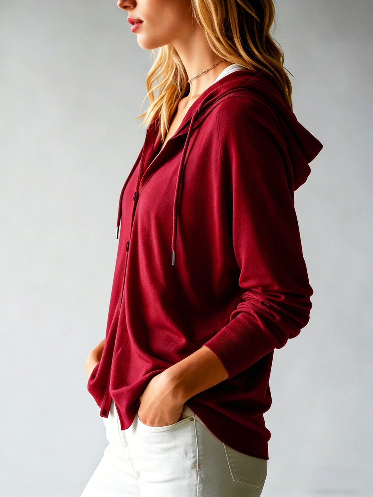 Lyocell Tencel Women'S Sweater Cardigan Hooded Cardigan Women'S Spring Autumn Winter Style Long Sleeve Button Loose Coat, Western Style Casual Temperament Top, Drawstring Hood Design, Daily Commute Outing Versatile Outerwear Elegant - Burgundy