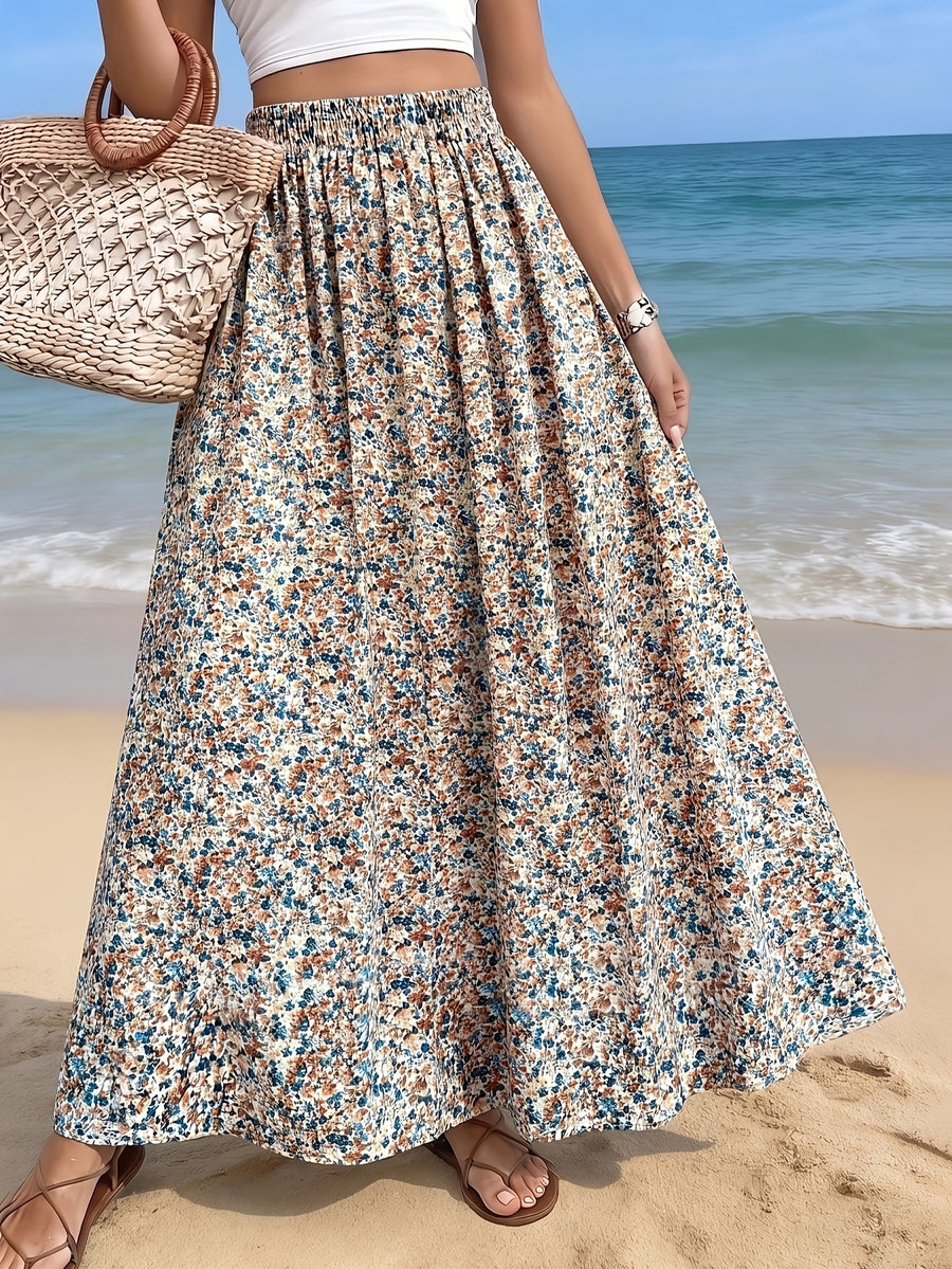 Women'S A-Line Skirt, Women'S Floral Print Midi Skirt, Floral Pattern Skirt, Light And Elegant, Very Suitable for Beach Vacations, Daily Wear, Travel Photography, And Casual Outings, Both Fashionable And Comfortable - Apricot