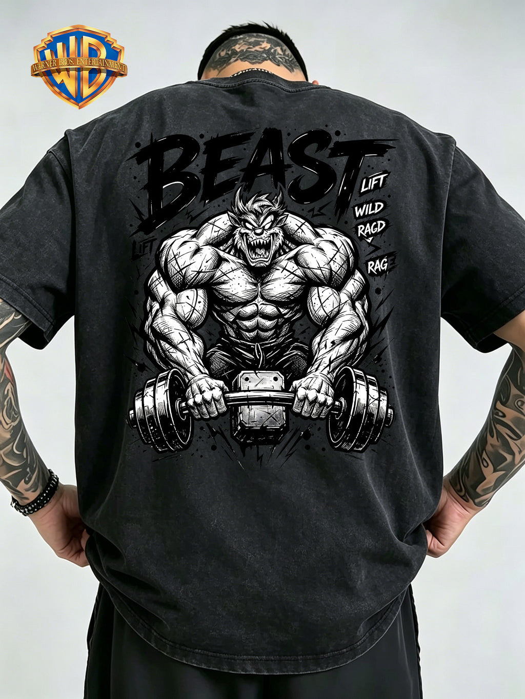 Fitness Beast Dumbbell Print Washed Distressed T-Shirt, Men'S 100% Fabric, Casual Comfortable Style, Loose Fit Breathable Short Sleeve Men'S Casual Top, Distressed Washed Loose Fit - Black