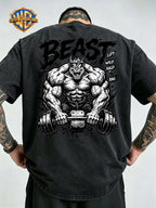 Fitness Beast Dumbbell Print Washed Distressed T-Shirt, Men'S 100% Fabric, Casual Comfortable Style, Loose Fit Breathable Short Sleeve Men'S Casual Top, Distressed Washed Loose Fit - Black