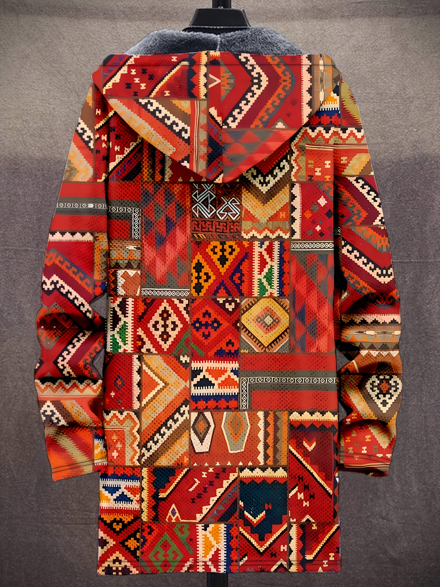 Retro Ethnic Art Pattern 3D Print Fashion Men'S Plush Thick Long-Sleeved Cardigan Coat Winter Warm Zipper Hooded Coat, Casual, Regular Fit, Daily, Geometric Print - Red