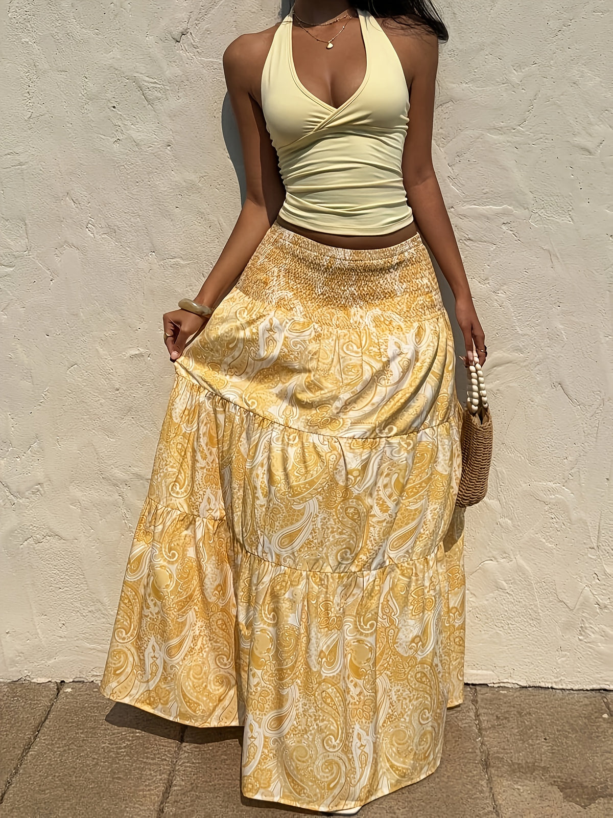 Women'S Bohemian Floral Print Maxi Skirt with Drawstring Waist - A-Line Flowy Skirt for Spring/Summer Vacation & Casual Outfits, Pink & White Floral Pattern, Lightweight Polyester Fabric, Vacation Clothing | Bohemian Style | Lightweight Fabric - Yellow