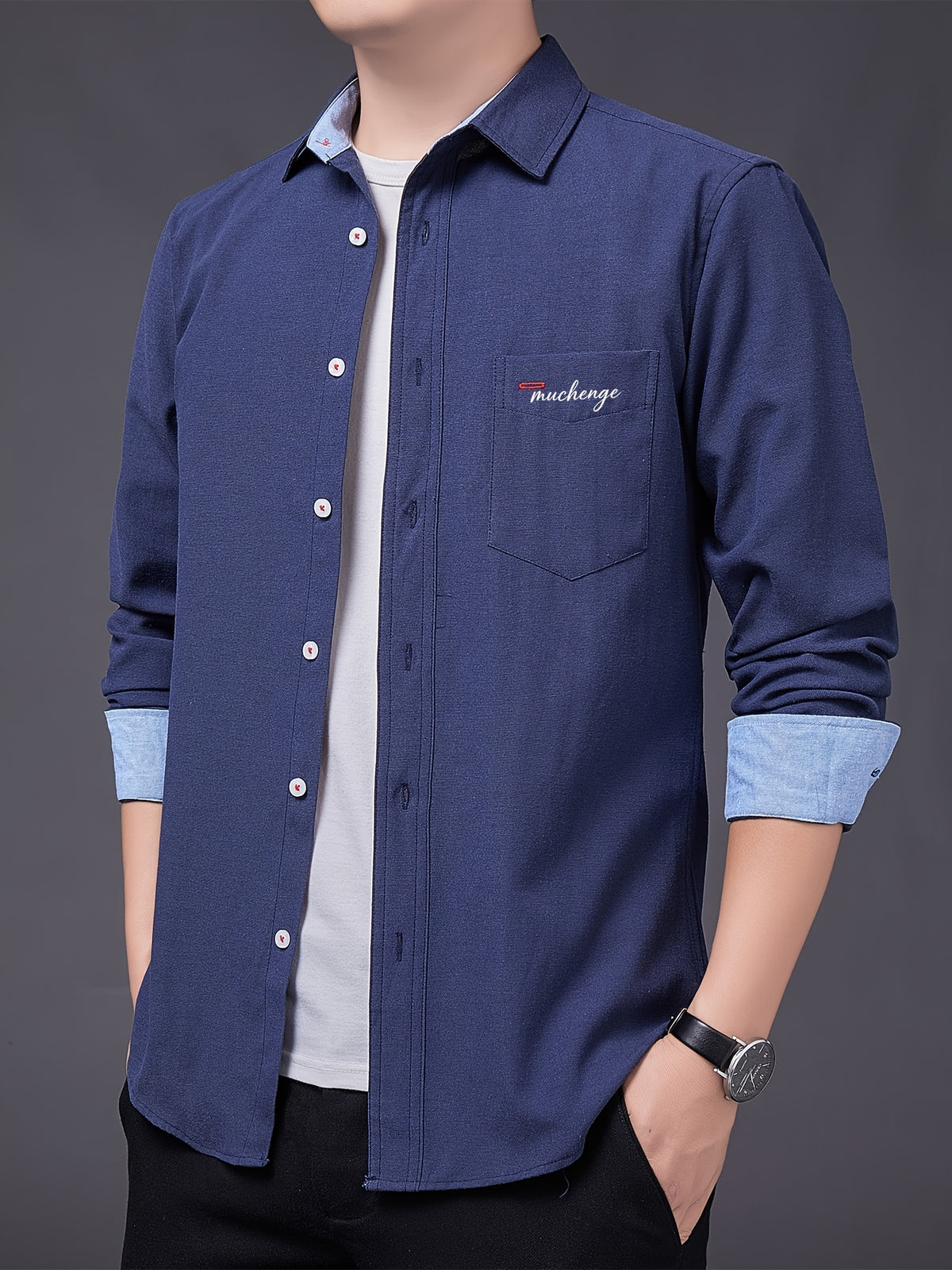 Men's Oxford Cloth Long-Sleeve Shirt for Spring/Autumn, with Lapel Collar, Simple Pocket, and English Print Decoration. Features Contrast Color Cuffs and Collar Design. A Versatile Basic Shirt for Business Casual Wear, Available in Multiple Colors - Dark Blue