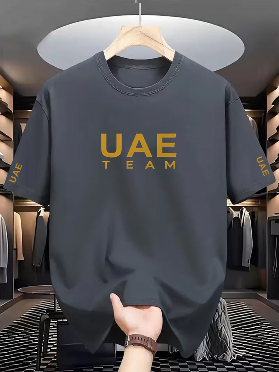 Men's Short-sleeve T-shirt with UAE Printed Logo and Double-sleeve Prints. The Most Popular Choice. Men's Casual T-shirt, Novelty Print T-shirt, Lightweight Crew Neck Short Sleeves, Suitable for Summer, Plus Sizes Available - Dark Gray
