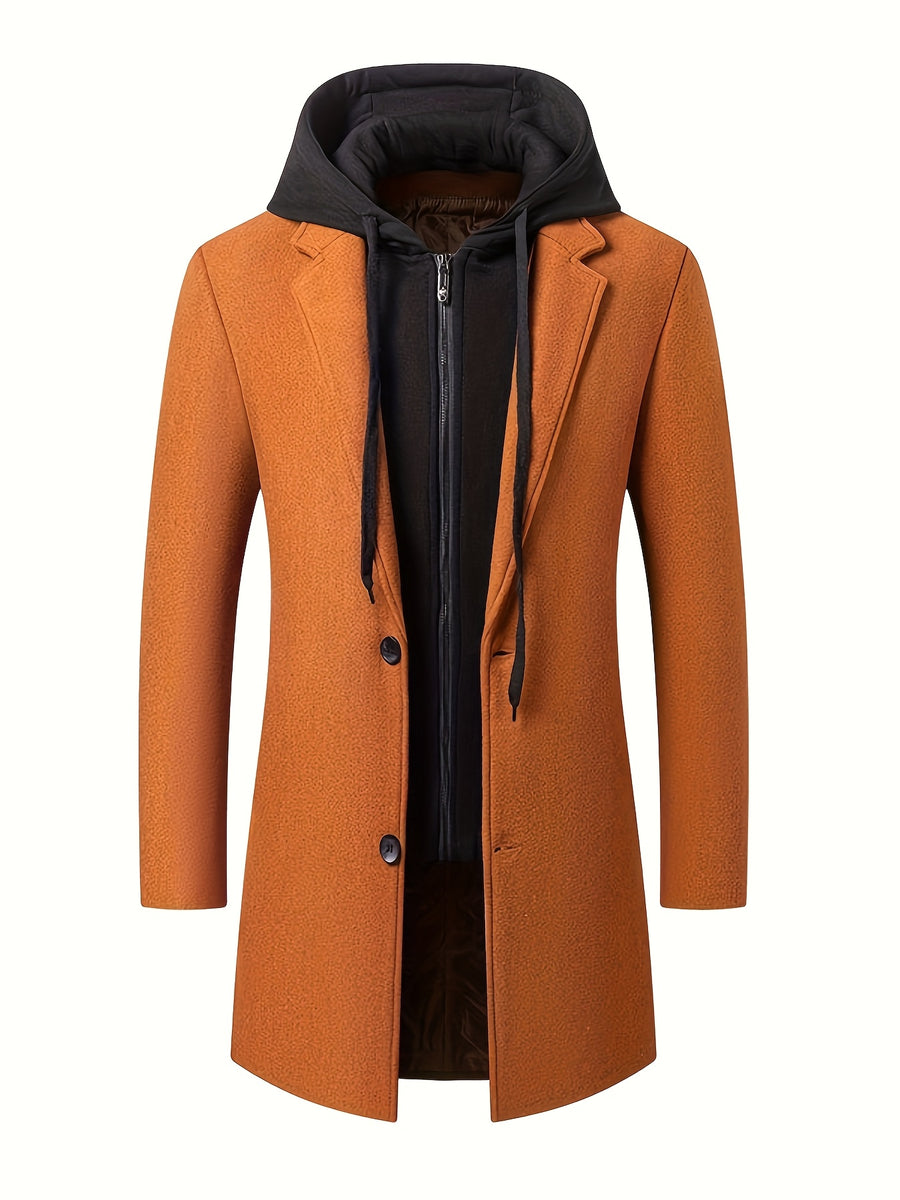 Pearson OBM Youth Men's Student Korean-Style Casual Tweed Wool Blend Overcoat, Mid-Length with Detachable Hood, Trendy Outerwear for Men - Orange