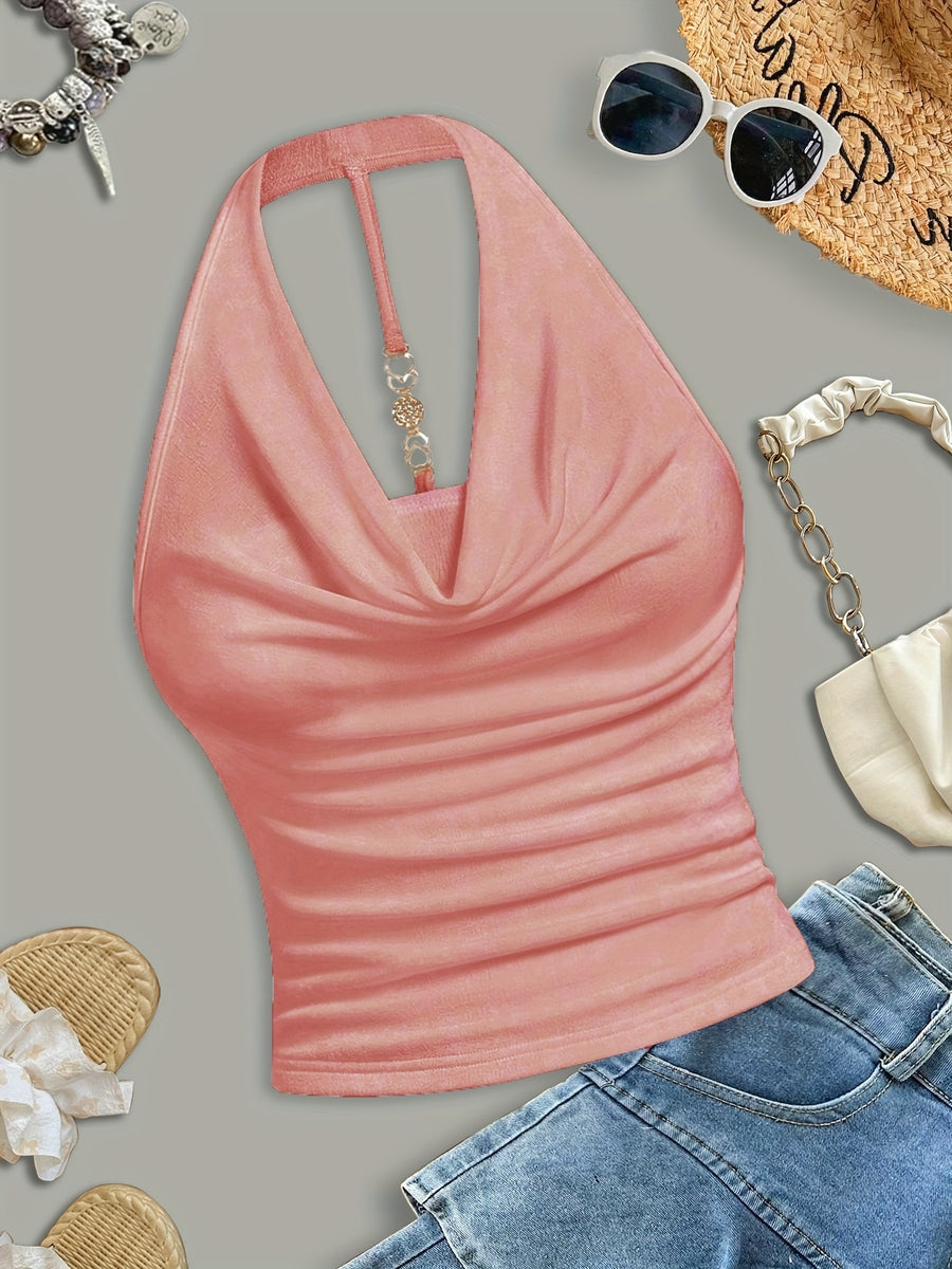 White Halter Neck Strapless Tank Top, Women's Solid Color Sexy Sleeveless Outerwear Top - pink color