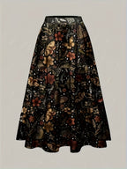 Autumn/Winter Natural Style Vacation Hippie All-Over Print Women's A-Line Skirt with Plants, Leaves, Maple Leaves, and Mushrooms - Black