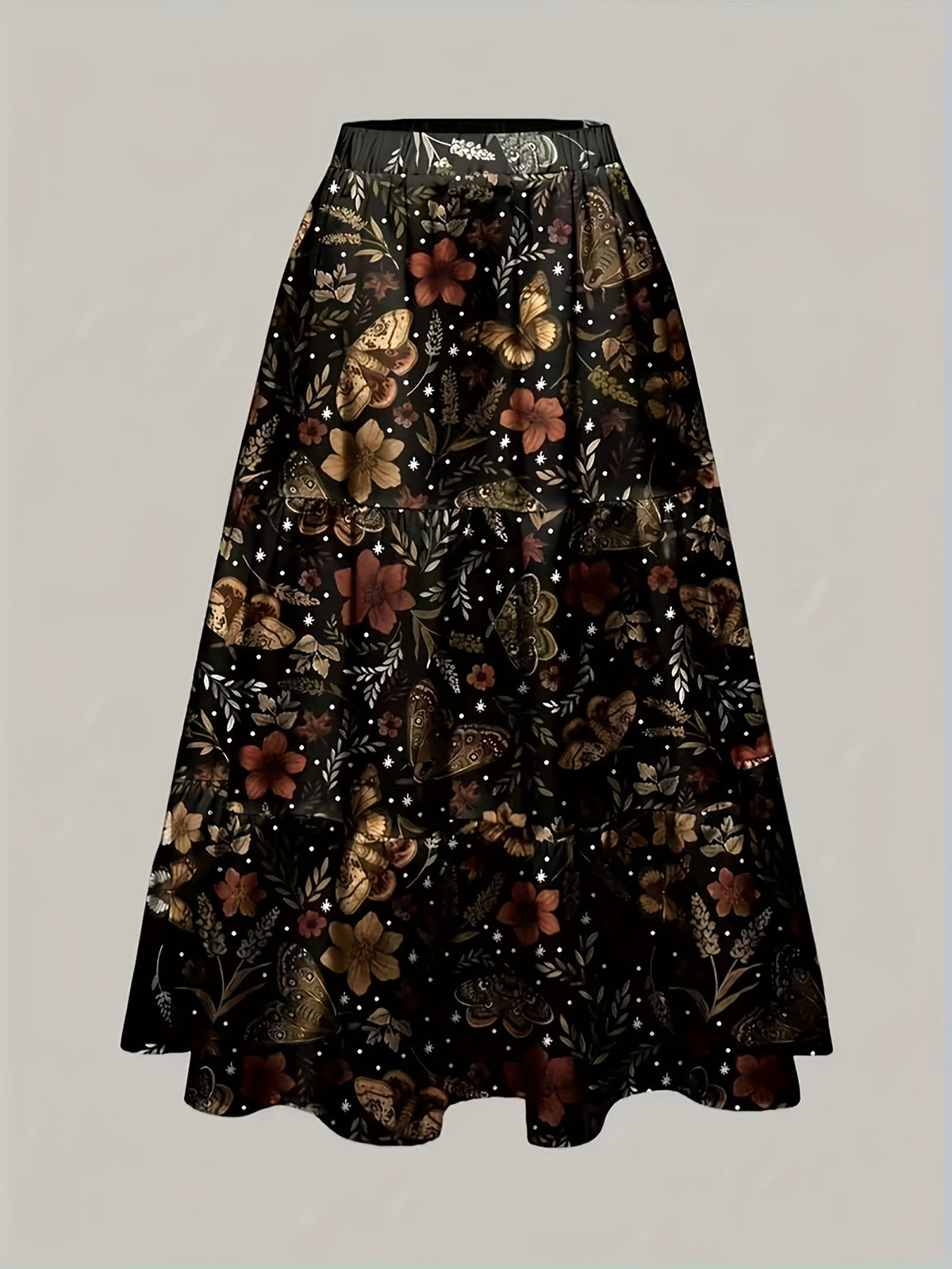 Autumn/Winter Natural Style Vacation Hippie All-Over Print Women's A-Line Skirt with Plants, Leaves, Maple Leaves, and Mushrooms - Black