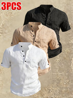 Men's Stand Collar Henley Short Sleeve Shirt 3pcs, Vertical Stripe Texture Half-Button with Pocket Top, Summer Breathable Casual Vacation 3pcs Versatile Men's Shirt Set - Black+white+khaki