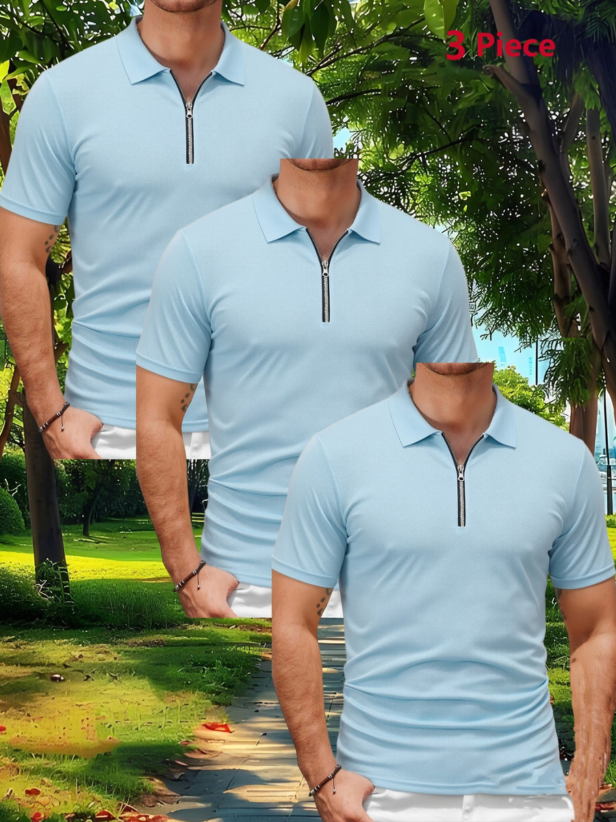 Three-pc Men's Sporty Outdoor Casual Lapel Solid Color Breathable Polo Shirts for High-End Occasions - Light Blue Three-Piece Set