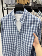Men's Loose-Fit Thin Plaid Long-Sleeve Shirt for Spring, Summer, and Autumn, New Fashionable Casual Shirt for Young and Middle-Aged Men, Damai - Blue Grid